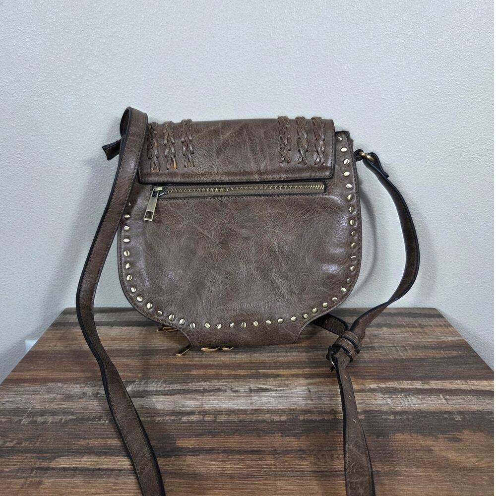 Antik Kraft Brown Faux Leather Gold Studded Crossbody Saddle Bag Western - Picture 2 of 13